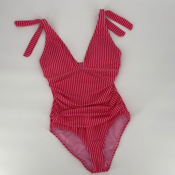 Ellen Tracy Pink Red Striped Swimsuit Size 10 One Piece Ruched Lined Padded - Picture 1 of 9